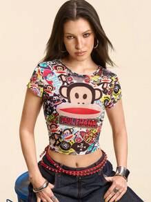 Paul Frank X SHEIN 女式猴子印花修身圆领短袖上衣，夏季 - 彩色 - 查看 3