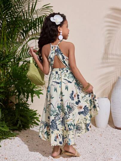 Young Girl Floral Graphic Halter Neck Elegant Straight Simple Dress