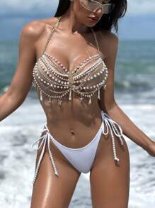 Swim SXY Summer New Elegant Gold Faux Pearl Shell Tassel Body Chain Cover-Up For Beach, Holiday, Music Festival