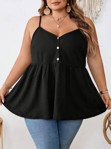 SHEIN CURVE+ 大码女式华夫格针织上衣，娃娃款吊带背心，波西米亚风度假夏季/乡村/海滩风 - 黑色 - 查看 6