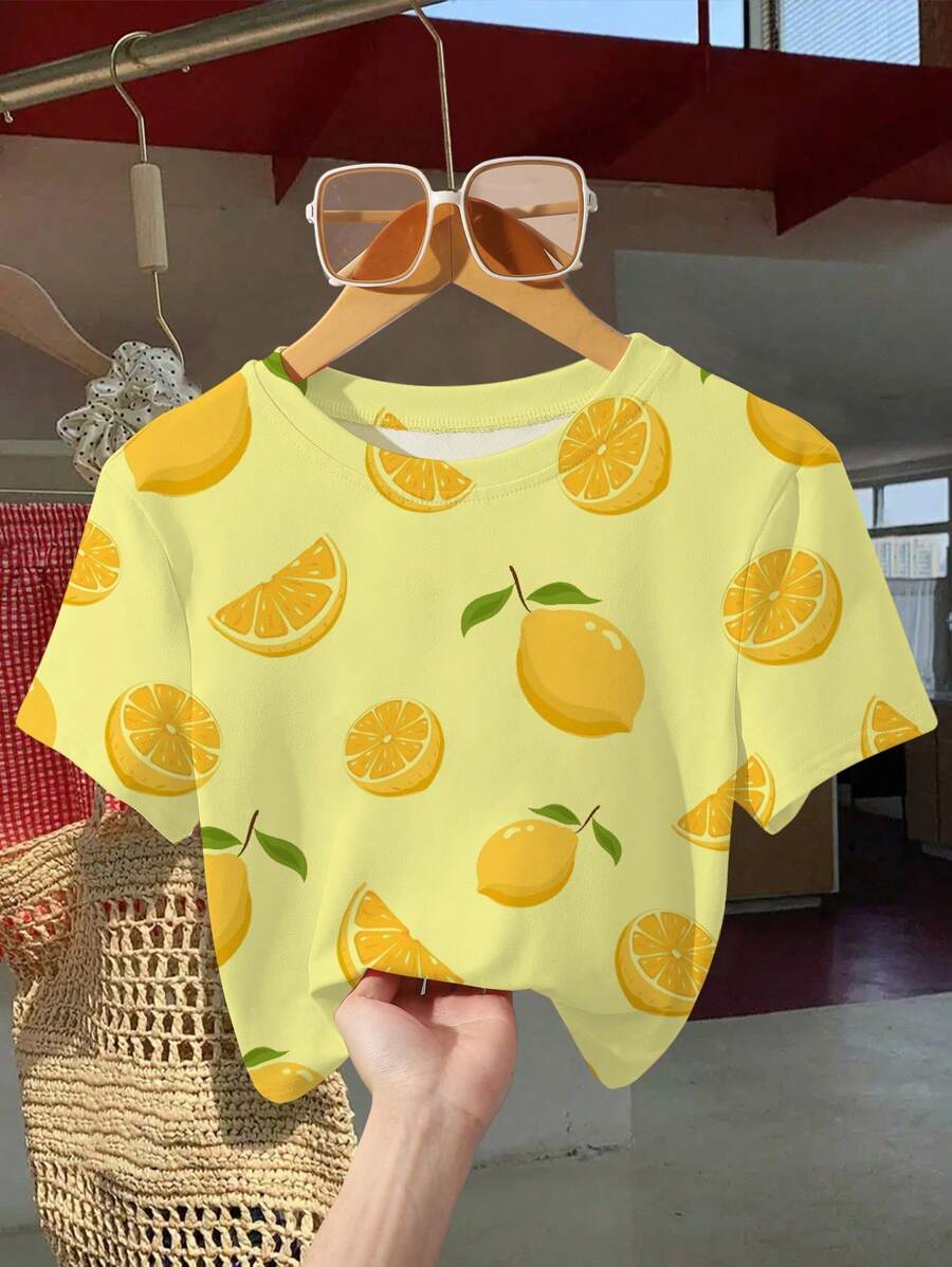 女士休闲夏季时尚柠檬印花圆领短袖T恤 - 黃色 - 查看 1