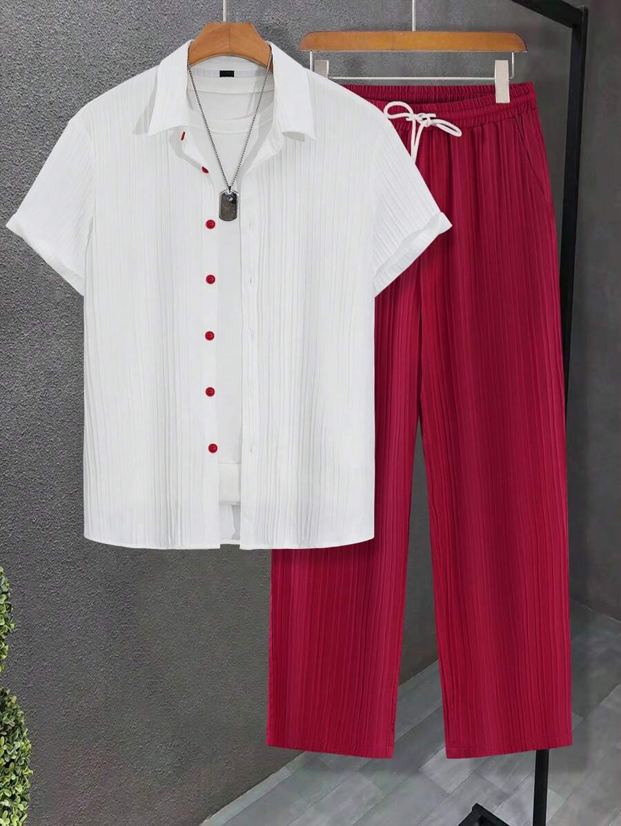 Manfinity Homme 男士夏季短袖单排扣衬衫和休闲裤套装