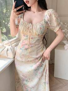 DAZY French Romantic Ditsy Floral Puff Sleeve Dress, Women's Cinched Cinched Waist Chiffon Dress For Summer 2024
