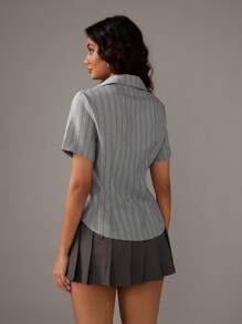 Flirla Women's Casual Striped Short Sleeve Shirt, Summer - Light Grey - View 2