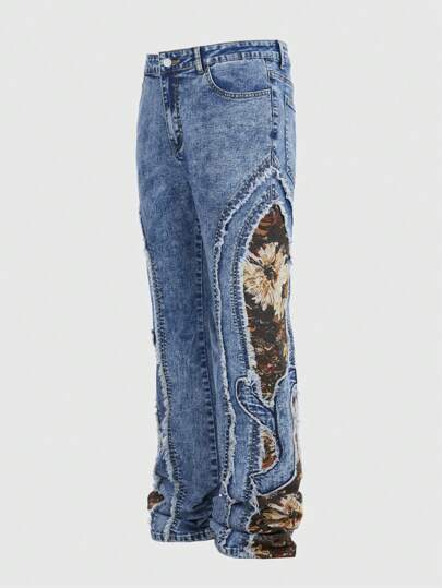 Street Life Jeans casual da uomo in denim con patchwork jacquard vintage