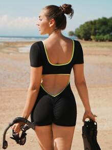 Swim SPRTY Women's Summer Beach Vacation Black Strappy Colorblock Backless Ruched Flared Leg Shorts Sleeve One-Piece Swimsuit Rash Guard