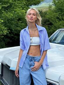 Comfortcana Regular Women Blue Striped Bow Decor Backless Cropped Shirt,Perfect For Holiday Wear