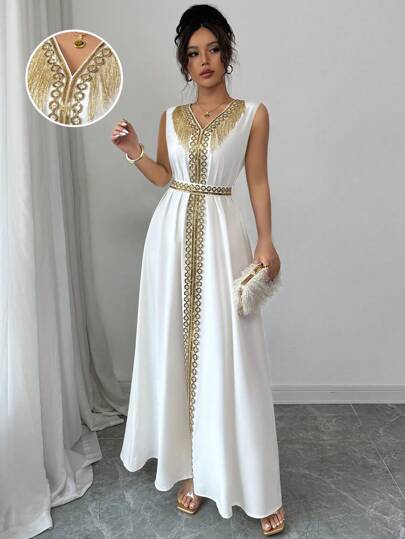 Elenzga Vestido elegante y refinado para resort con lentejuelas y adorno de flecos