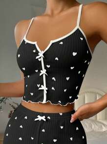 Women's Heart Print Bow Strap Sleepwear Top Holiday Season