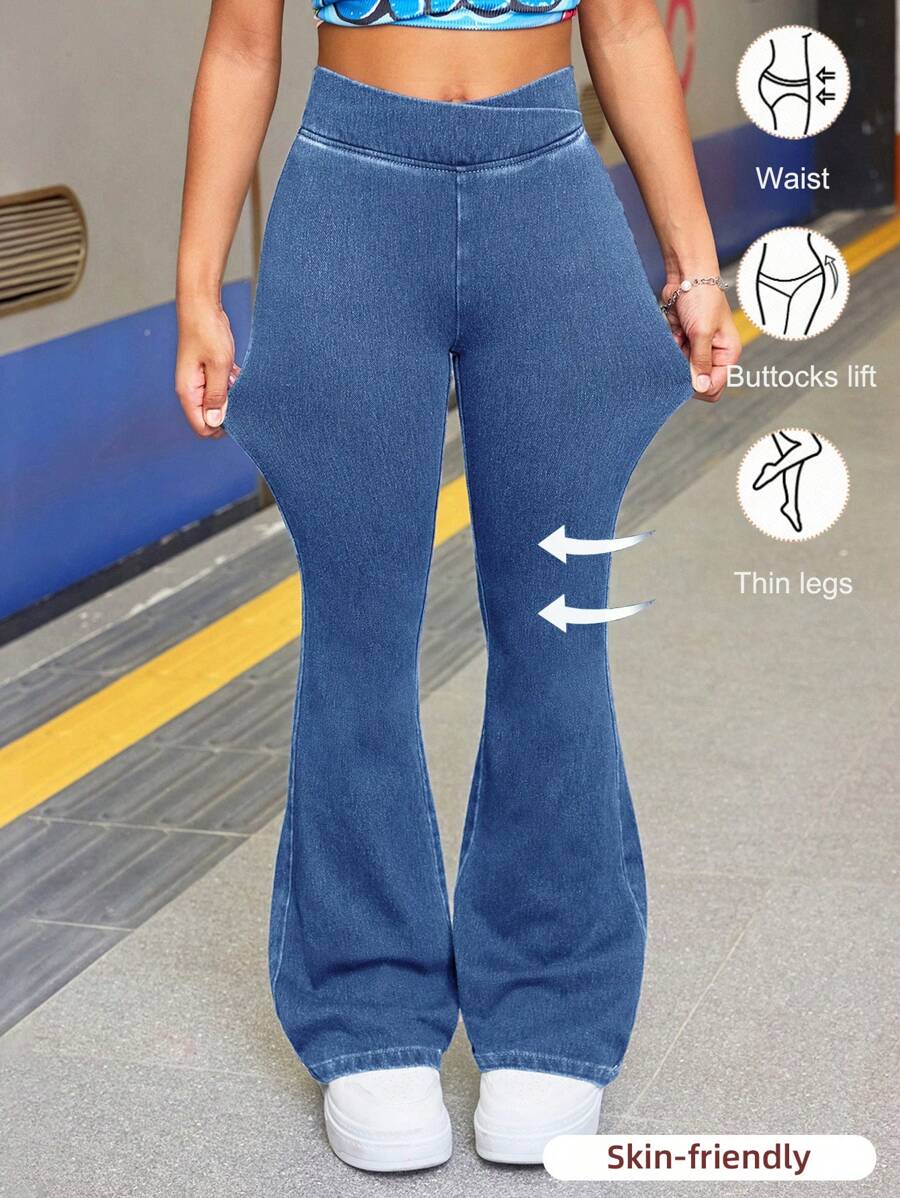 SHEIN Tween Girl Fashion Casual Blue Denim Daily Exercise Basics Stretch Slim Flared Jeans For Girls Soft Dailywear And The Four Seasonsr Tween Girl Clothes - Medium Wash - View 1