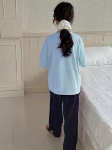 DAZY 青少年女孩秋季服装，青少年女孩圆领针织印花短袖 T 恤 + 长裤睡衣套装，春夏季，返校服装