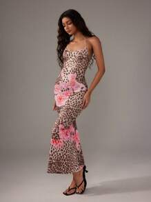 TRNVIE 女式豹纹露背修身鱼尾连衣裙长款女装