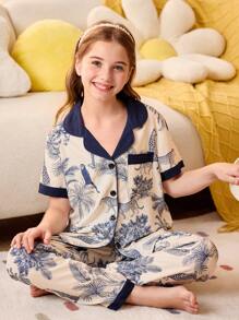 SHEIN 青春期前女童泡泡皱植物与动物印花纽扣睡衣套装 - 杏色 - 查看 1