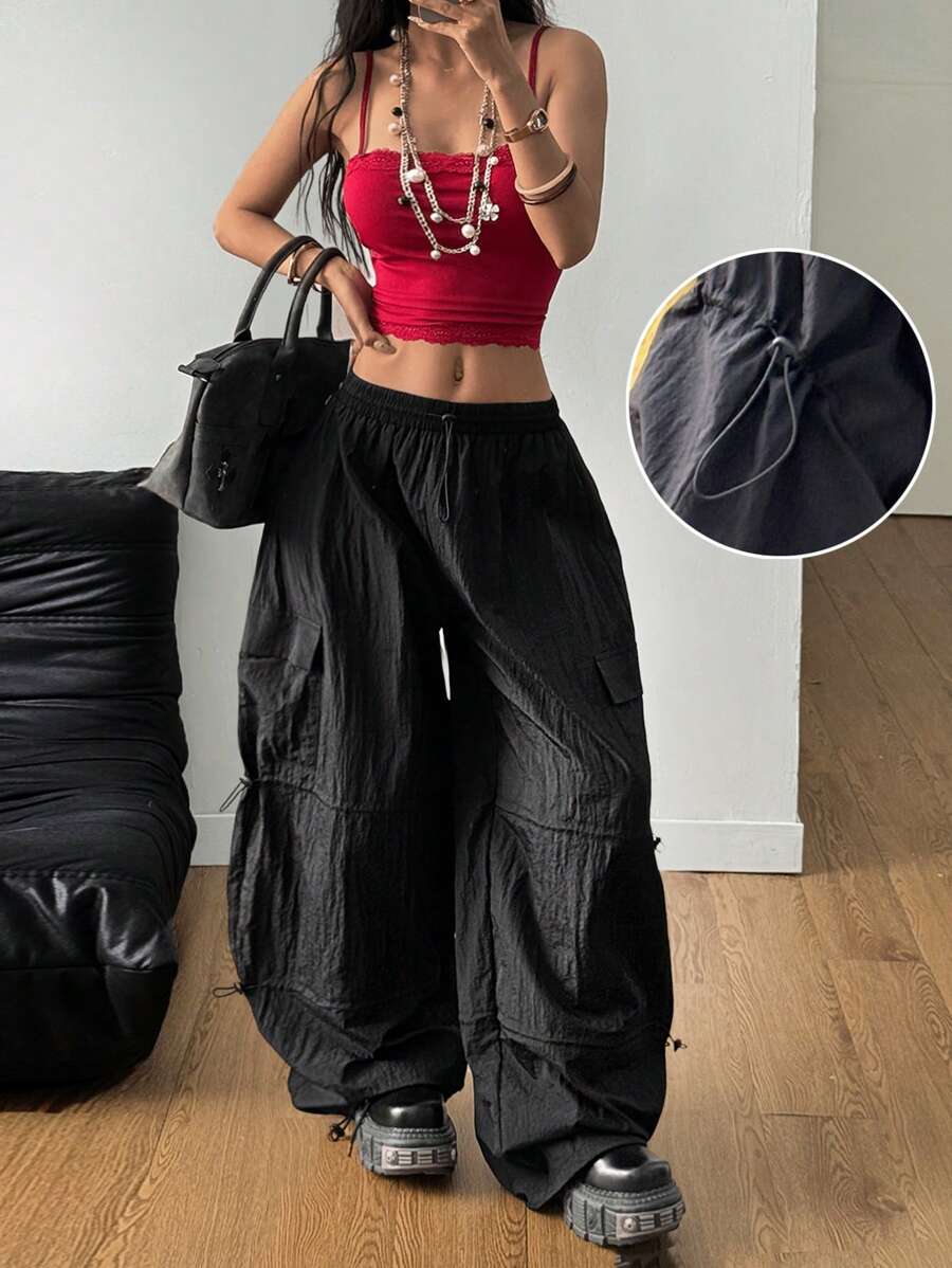 Coolane Women's & Men's Summer Streetwear Sport Cargo Game Day Going Out Casual Drawstring Elastic Waistband Baggy Parachute Low Rise Banana Pants - Black - View 1
