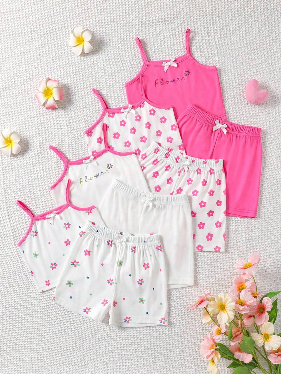 SHEIN Playful Pals 8 件套女婴新生儿/幼儿可爱休闲条纹针织背心和短裤套装,适合春夏季日常穿着,0-3 岁 - 玫紅色 - 查看 1