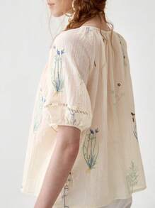 Florisole 波西米亚泡泡袖宽松碎花拼接休闲衬衫 - 杏色 - 查看 6