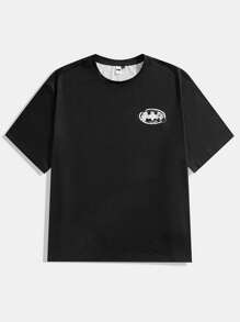 BATMAN X SHEIN 85th Camiseta de manga corta con gráfico de murciélago y letras para hombre talla grande de estilo casual de verano