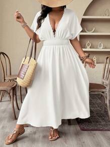 SHEIN CURVE+ Plus Size Women Elegant Woven Short Sleeve Pure White Collar Lace Trim Loose Fit Dress - White - View 7