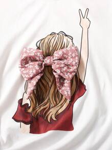 SHEIN 2 件套少女白色针织图案 T 恤和碎花裙，适合度假、休闲、节日、午餐、音乐节、户外穿着 - 粉色 - 查看 4