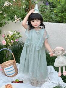 DAZY Toddler Girls' Round Neck Tulle Party Dress, Cute Texture Lace Patchwork Formal Outfit