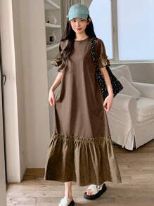 DAZY 女式夏季圆领短袖荷叶边下摆休闲连衣裙，返校服 - 棕色 - 查看 3