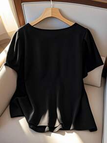 SHEIN LUNE Plus Size Women Elegant Round Neck Drawstring Collar Puff Sleeve Blouse - Black - View 2