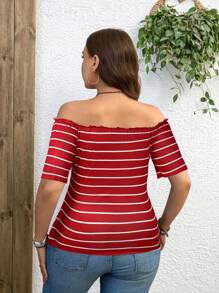 SHEIN LUNE 加大码露肩T恤，短袖条纹时尚，适合夏季 - 紅色 - 查看 2