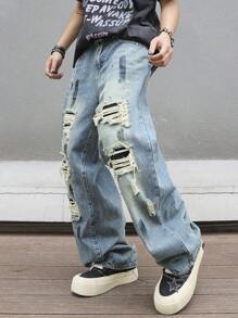 Manfinity EMRG Jeans de mezclilla de estilo callejero para hombres con bolsillo de contraste y efecto desgastado