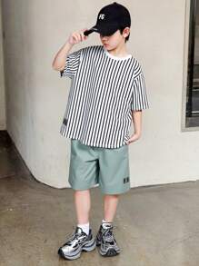 SHEIN 2pcs Tween Boys' Casual Striped Short Sleeve T-Shirt And Shorts Set, Streetwear Punk Rock Preppy Style For Daily Wear, Parties, Music Festivals, Spring/Summer