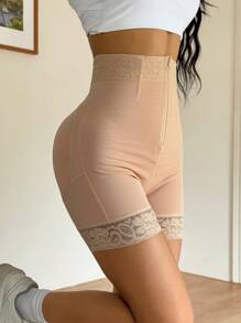 SHEIN EZwear Quần legging cạp cao phối ren màu trơn - Màu be - Xem 3