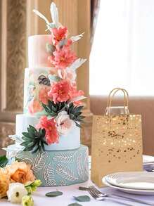 带有金箔心形图案的牛皮纸礼品袋 - 可重复使用的食品配送、外卖、糖果袋 - 耐用手柄，适合派对、婚礼和活动 - 彩色 - 查看 2