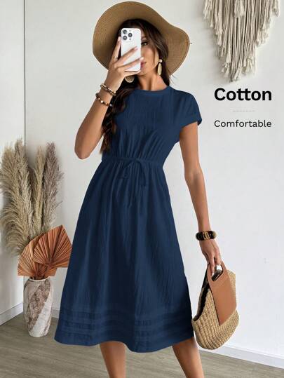 EMERY ROSE Women's Solid Color Round Neck Ruffle Sleeve Drawstring Waist Casual Dress, Summer,Shirt Dresses For Women Business Casual Woman