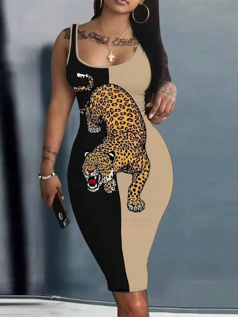 SHEIN LUNE Summer Fashion Color Block Leopard Print Sleeveless Bodycon Dress - Multicolor - View 1