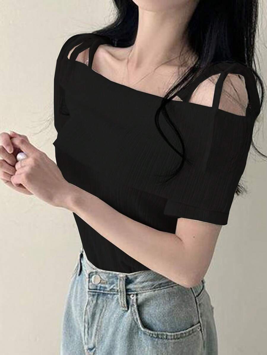 DAZY 女士纯色露肩短袖T恤上衣，优雅夏日 - 黑色 - 查看 1