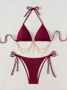 Swim SXY Springbreak 女士夏季沙滩纯色露背性感比基尼两件套泳衣套装 - 酒紅色 - 查看 5
