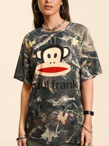 Paul Frank X SHEIN Camiseta casual de mujer de manga corta y cuello redondo con patrón de mono y letras, para verano