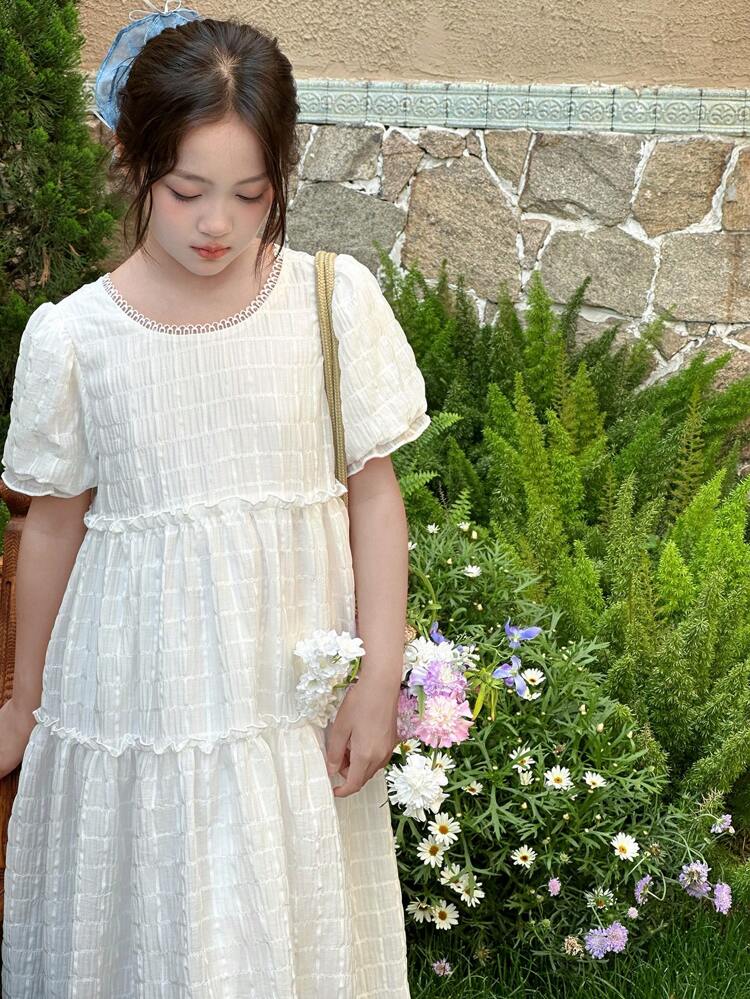 Tween Girls Round Neck Puff Sleeve Casual Dress, Summer,Back To School Clothes