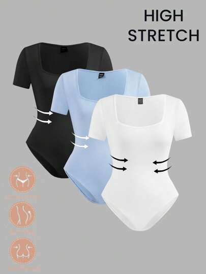 SHEIN EZwear 3 件套多色圆领紧身衣套装，修身短袖，适合夏季日常穿着