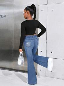 SHEIN Tween Girl Y2K Fashionable Casual Flare Leg Jeans Star Pattern With Rhinestones, Fall Clothes Back To School - Light Wash - View 4