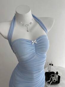 Elamini 网眼露背度假百搭修身女式连衣裙 - 藍色 - 查看 5