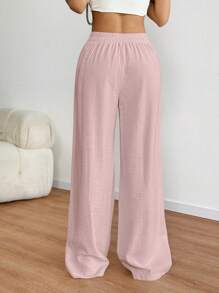 Flirla 女士休闲亚麻混纺高腰阔腿直筒裤，春夏 - 粉色 - 查看 2
