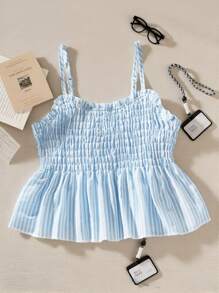 SHEIN Tween Girls Striped Ruffle Hem Camisole Top Girl Clothes Summer Tops Young Girl Summer Outfits Summer Tops For Girls - Blue - View 6