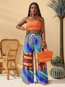 Slaydiva Pantaloni larghi multicolore in tessuto stampato con laccio, adatti per festival musicali, matrimoni e street style casual, per donne formose, nuova collezione primavera/estate 2025 - Multicolore - Visualizzare 7