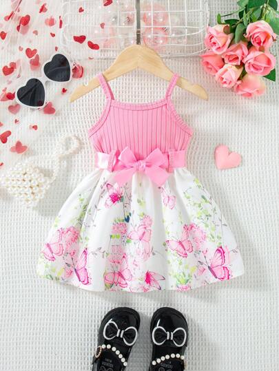 SHEIN Baby GirlSummer New Model 2025 Red Ribbed Heart Print Ruffle Hem Simple Fashionable Adorable Sweet Suspender Dress