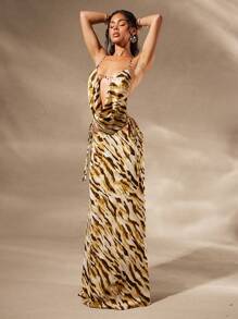 Hauture Women's Printed Decor Chain Draped Neck Blouse - Yellow - View 3