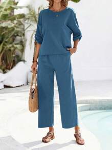 EMERY ROSE Set de 2 piezas con top de cuello redondo y mangas 3/4 y pantalones de largo completo, unicolor, para mujeres - Azul Marino - Ver 7