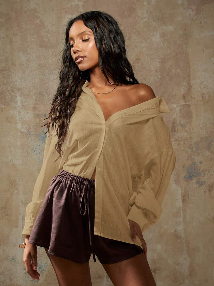MISSGUIDED Chemise ample à manches longues et boutons pour la plage, légère, pour les vacances et les stations balnéaires. Blouse chic et essentielle pour un style décontracté au quotidien