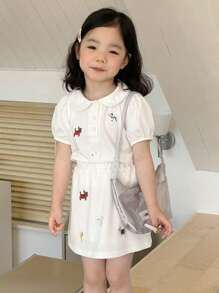 DAZY 2pcs/Set Young Girls Summer Cartoon Embroidered Puff Sleeve T-Shirt And Skirt - White - View 5
