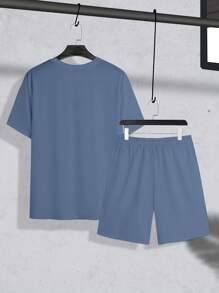 Manfinity Homme 2pcs/Set Plus Size Men Letter Print Round Neck Short Sleeve T-Shirt And Drawstring Waist Shorts, Casual Outfit Mens 2 Pieces Sets Men S 2 Pieces Outfit Two Pieces Set For Men