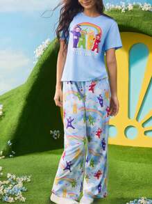 Teletubbies X SHEIN Women's Blue Cute Y2K Cute Winky, Dipsy, Laa-Laa, Po Cartoon & Rainbow Print Crew Neck Short Sleeve Top And Long Pants Pajama Set - Blue - View 1